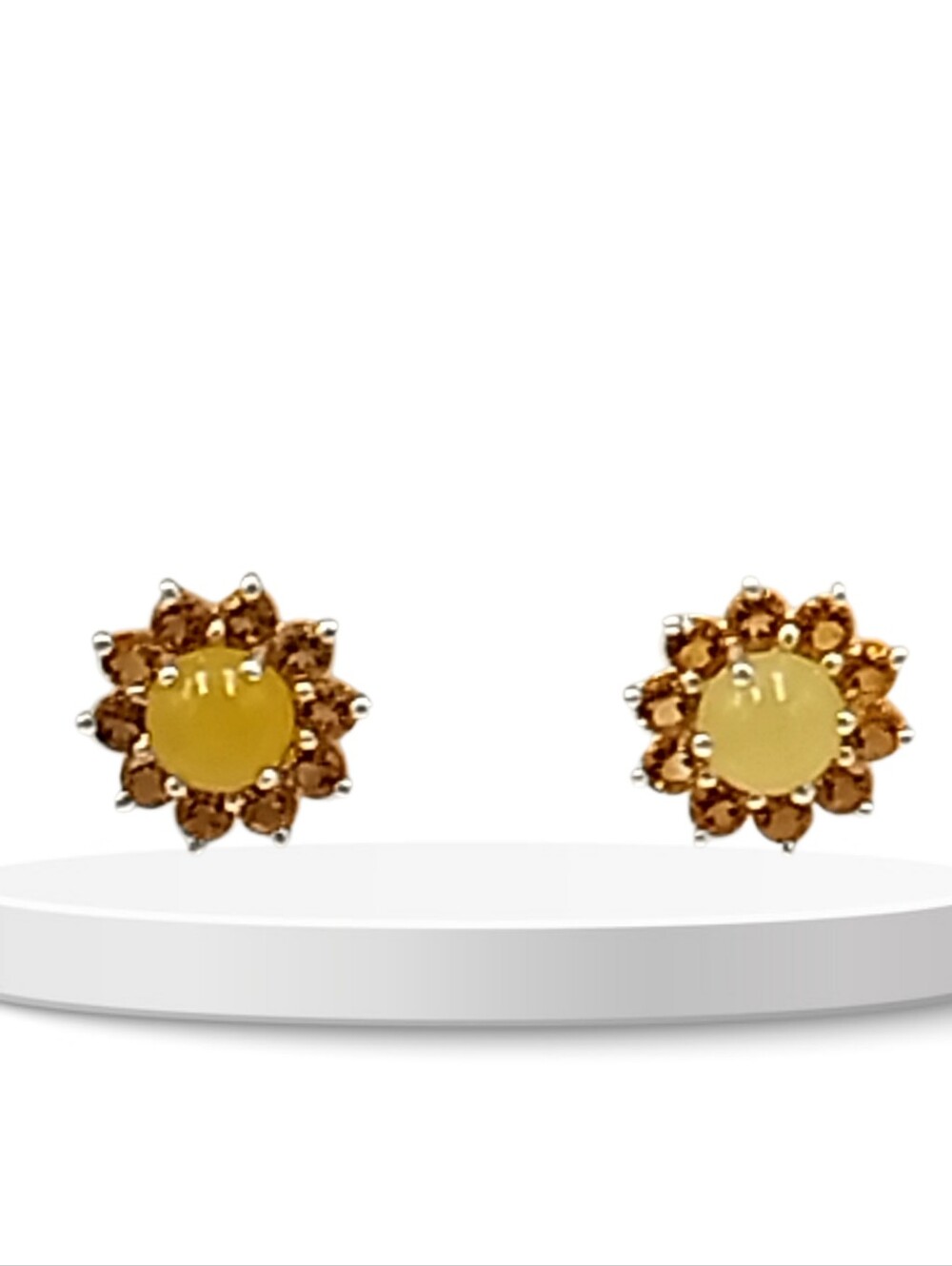 Sterling Silver Yellow Cabochon & Citrine-Color Gemstone Halo Stud Earrings NWOT